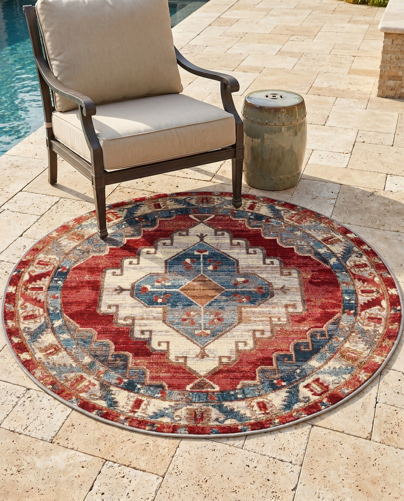 Patio Heritage Collection Area Rug -  Alcove Round Red and Navy Blue  lifestyle 34