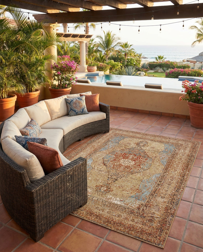 Patio Heritage Collection Area Rug -  Pergola Rectangle Blue and Light Brown  lifestyle 21
