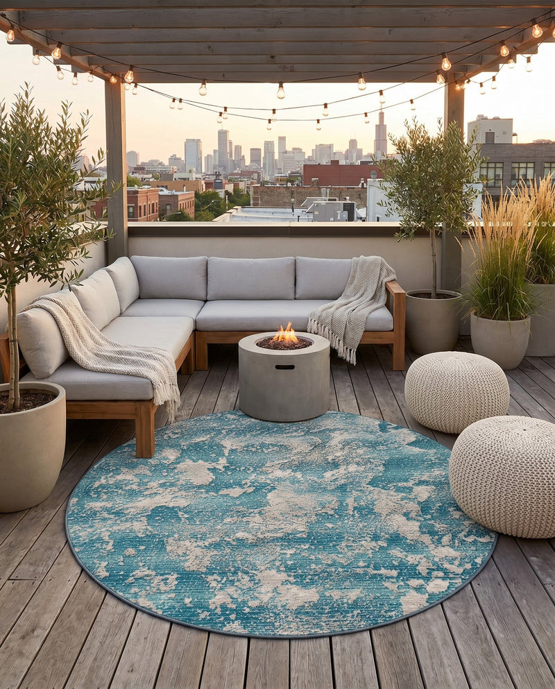 Urban Terrace Collection Area Rug -  Gazebo Round Aqua Blue  lifestyle 75