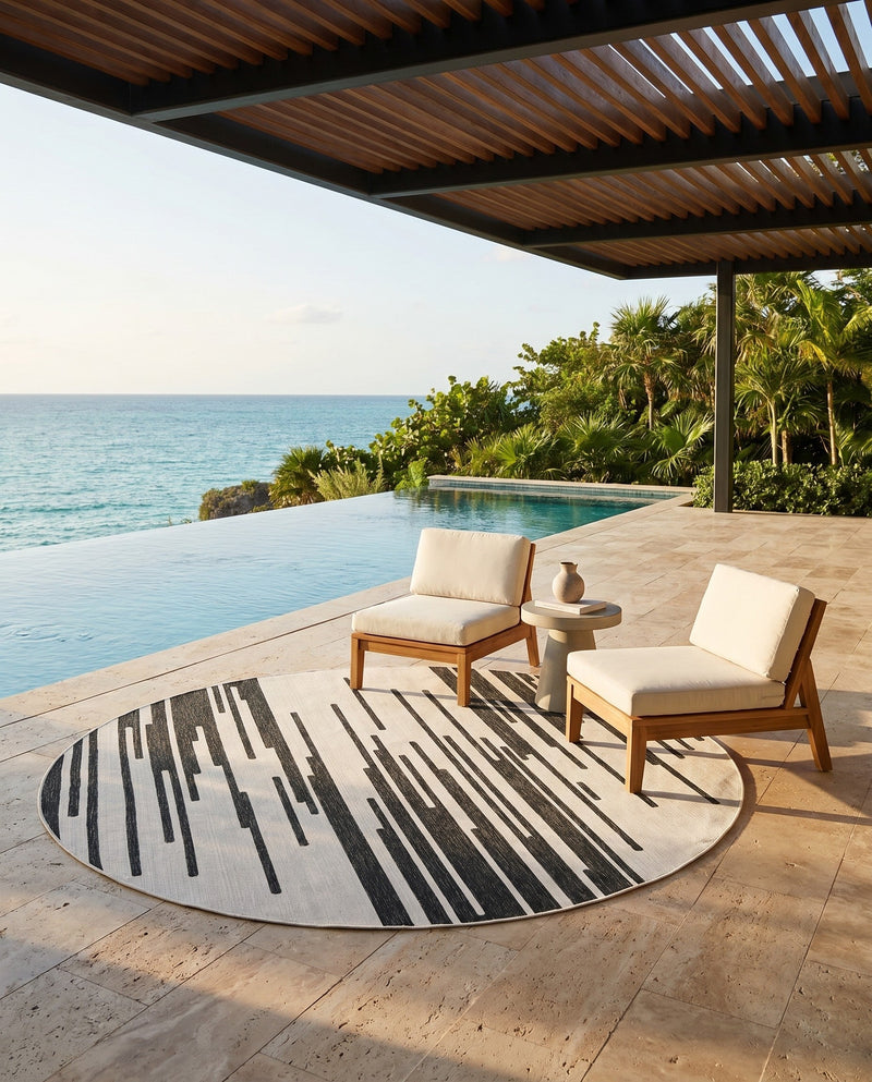 Urban Terrace Collection Area Rug -  Riverside Round Black and White  lifestyle 50