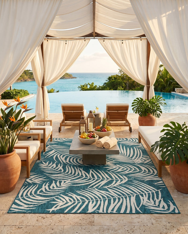 Seaside Blooms Collection Area Rug - Verdure (Teal) Rectangle Teal  lifestyle 18