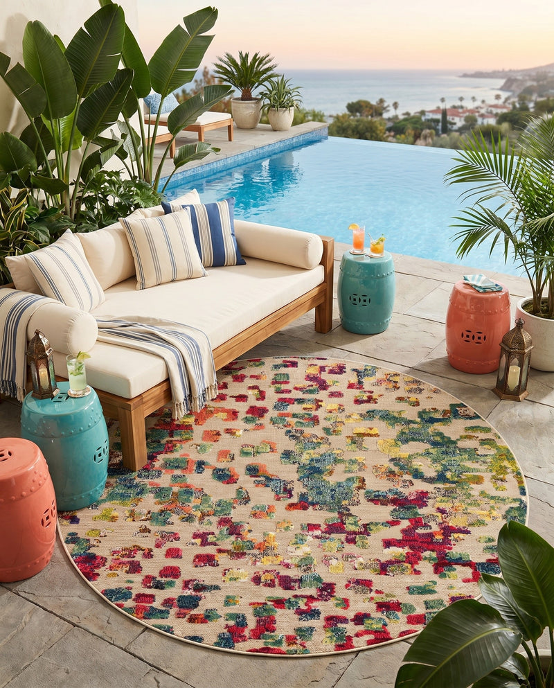 Outdoor Marrakesh Collection Area Rug -  Oujda Round Multi  lifestyle 64