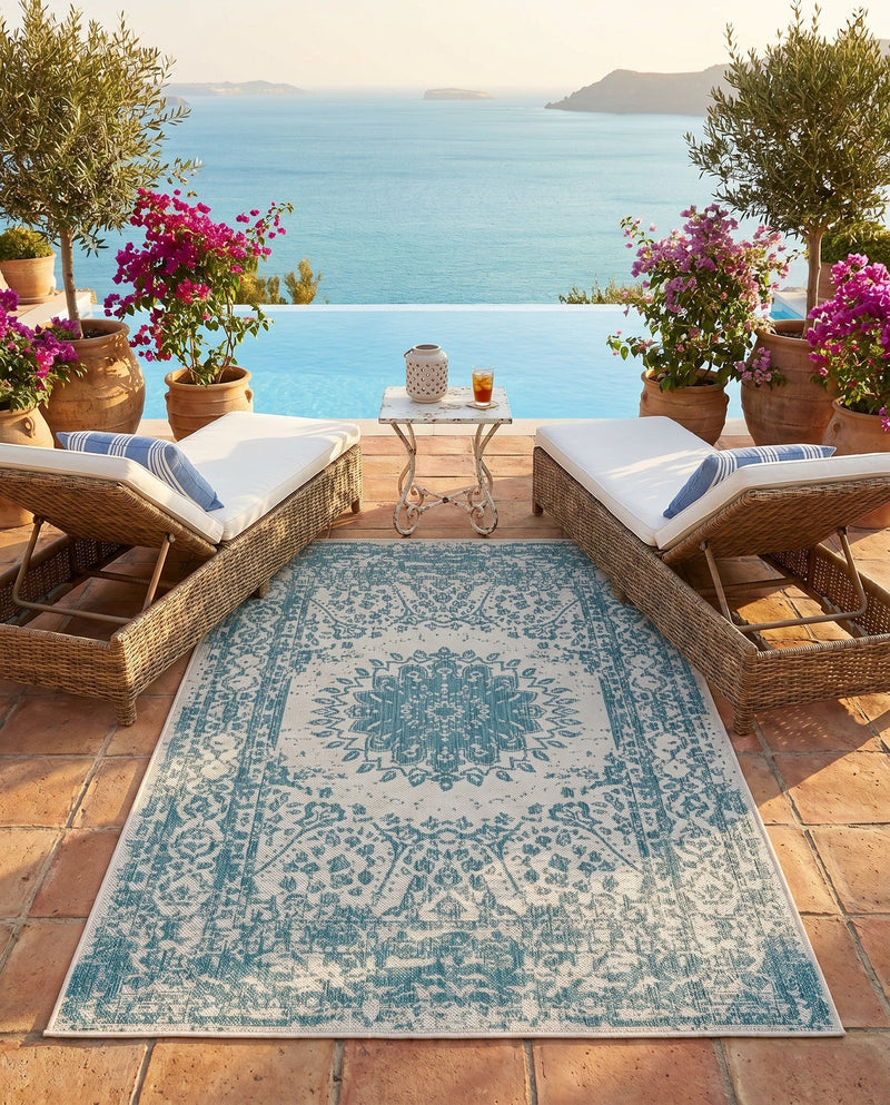 Patio Heritage Collection Area Rug -  Lafayette (Aqua) Rectangle Aqua  lifestyle 6
