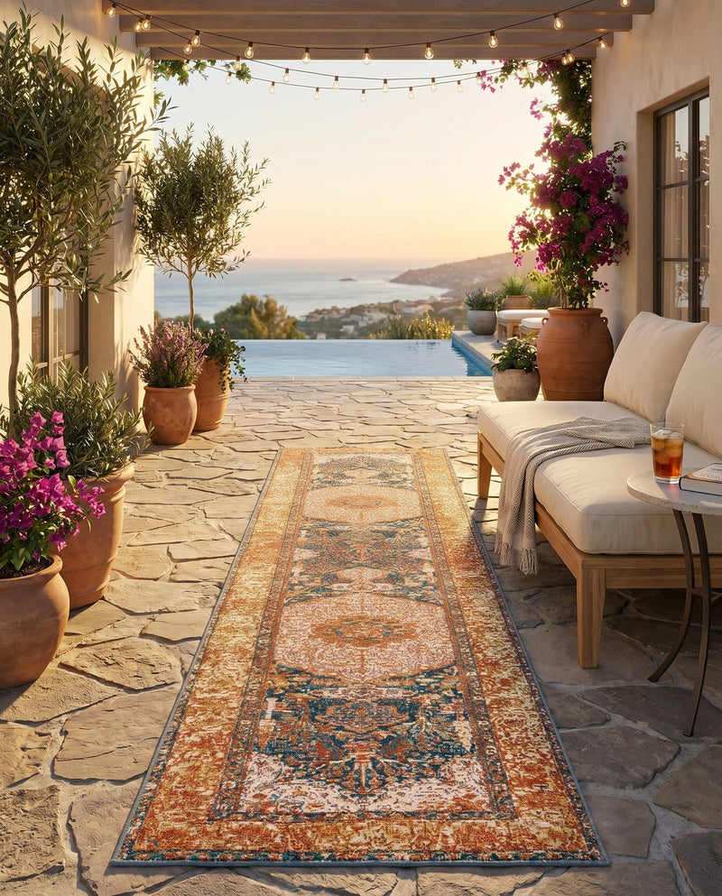 Patio Heritage Collection Area Rug -  Courtyard Runner Navy Blue and Light Pink  lifestyle 62