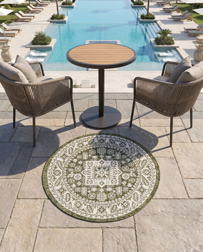Tribal Terrace Treasures Collection Area Rug -  Incan Isle (Green) Round Green  lifestyle 55