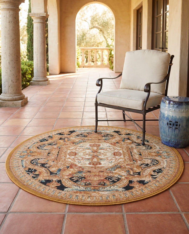 Patio Heritage Collection Area Rug - Veranda Round Black Gold Brown  lifestyle 78