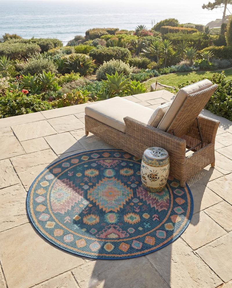 Coastal Terrace Collection Area Rug -  Dunes Round Navy Blue  lifestyle 79