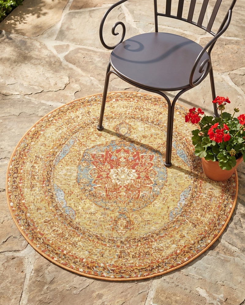 Patio Heritage Collection Area Rug -  Pergola Round Blue and Light Brown  lifestyle 73