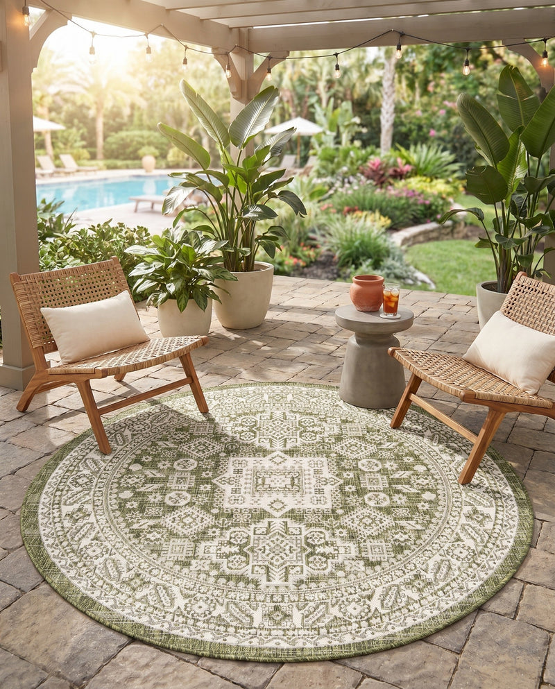 Tribal Terrace Treasures Collection Area Rug -  Incan Isle (Green) Round Green  lifestyle 37
