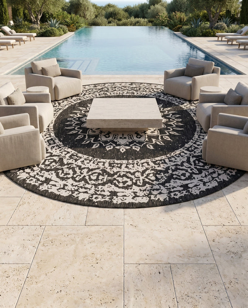 Patio Heritage Collection Area Rug -  Lafayette (Black and White) Round Black and White  lifestyle 58