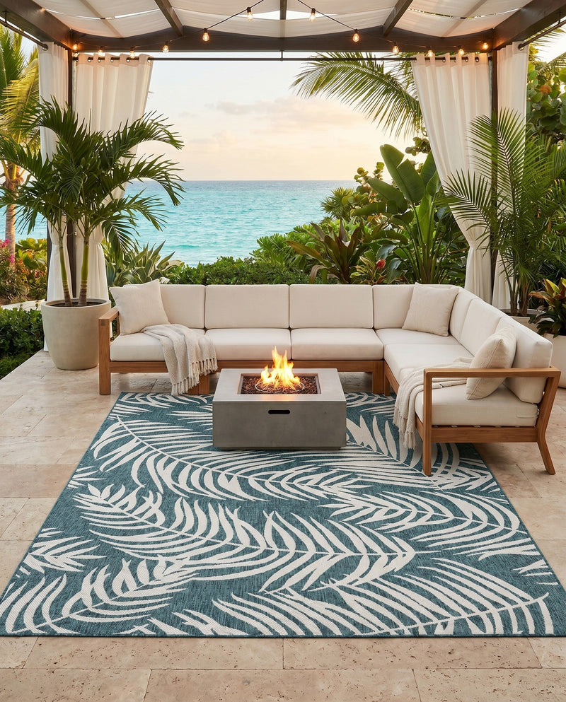 Seaside Blooms Collection Area Rug - Verdure (Teal) Rectangle Teal  lifestyle 32