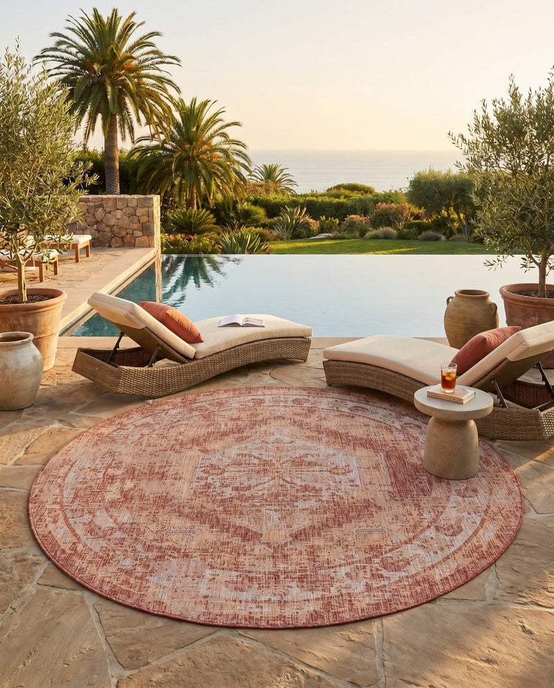 Patio Heritage Collection Area Rug -  Augusta (Rust Red) Round Rust Red  lifestyle 45