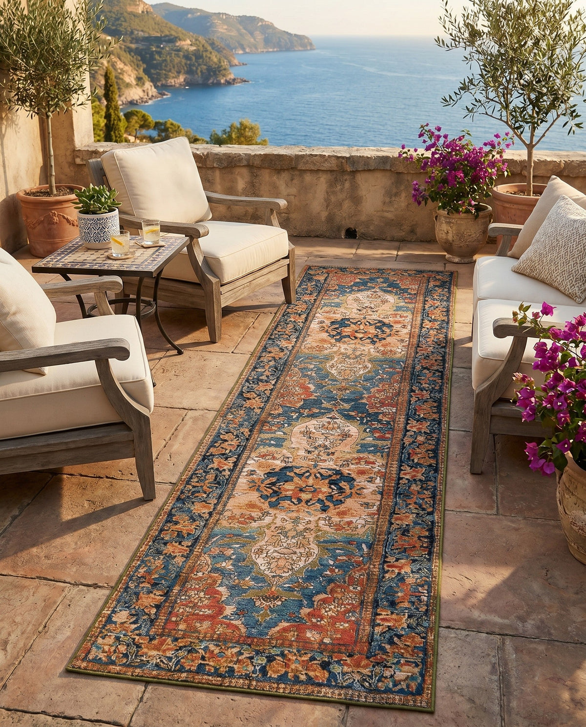 Patio Heritage Collection Area Rug -  Grove Runner Navy Blue and Rust Red  lifestyle 91