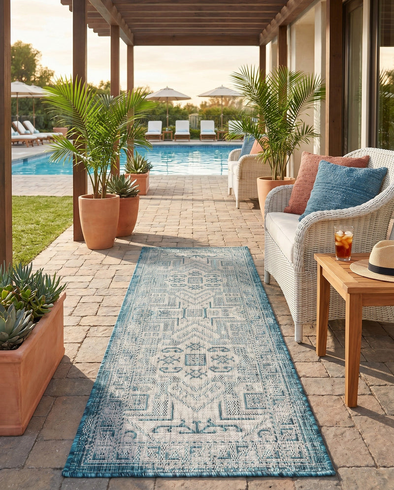 Tribal Terrace Treasures Collection Area Rug - Mayan Marina (Teal) Runner Teal  lifestyle 81