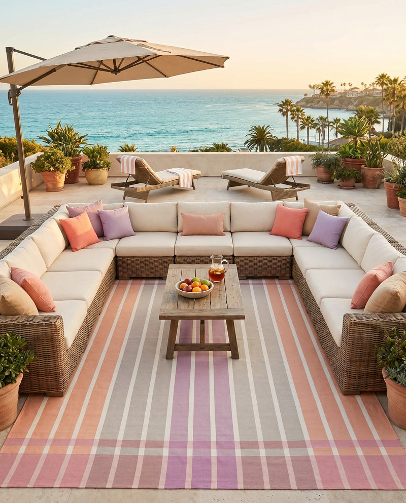 Seaside Stripes Collection Area Rug -  Coral Rectangle Pink and Lavender  lifestyle 46