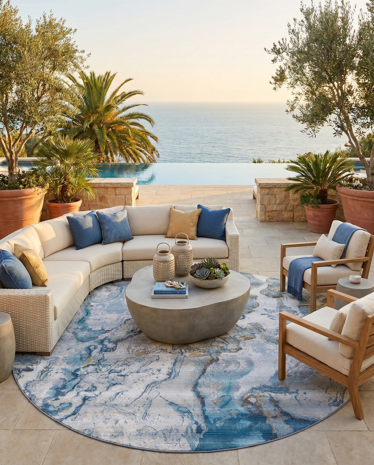 Urban Terrace Collection Area Rug -  Vertex Round Blue and Ivory  lifestyle 54