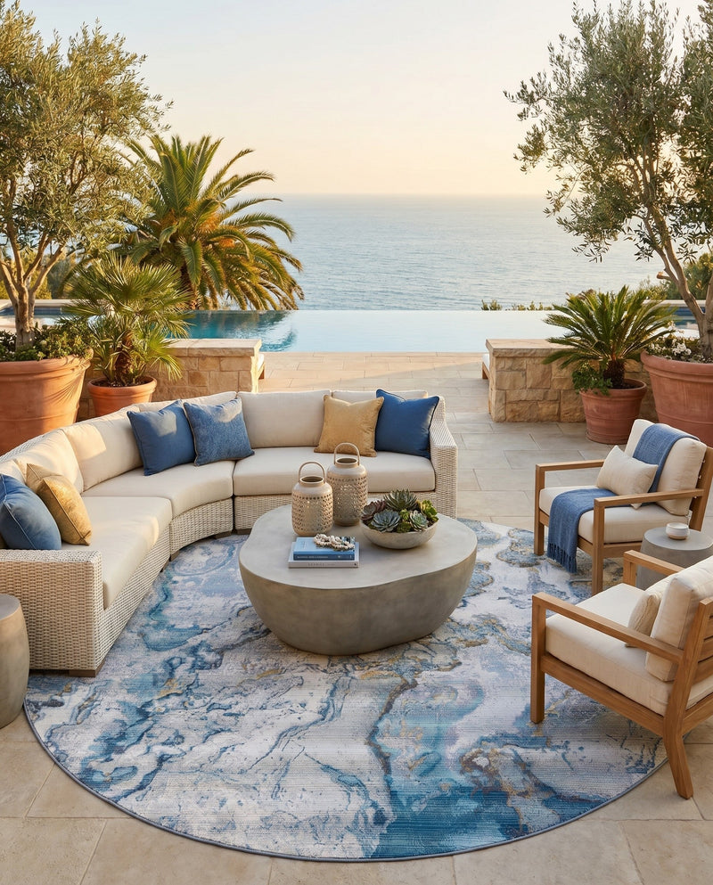 Urban Terrace Collection Area Rug -  Vertex Round Blue and Ivory  lifestyle 54