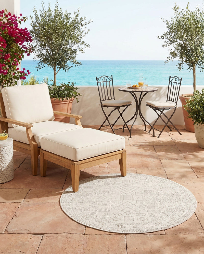 Tribal Terrace Treasures Collection Area Rug - Mayan Marina (Light Gray) Round Light Gray  lifestyle 34