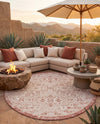 Tribal Terrace Treasures Collection Area Rug - Mayan Marina (Rust Red) Round Rust Red  lifestyle 40