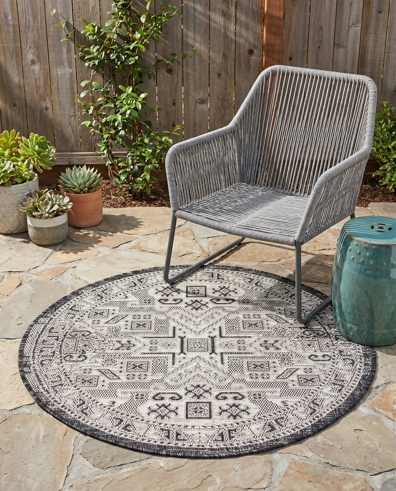 Tribal Terrace Treasures Collection Area Rug - Mayan Marina (Charcoal Gray) Round Charcoal Gray  lifestyle 58