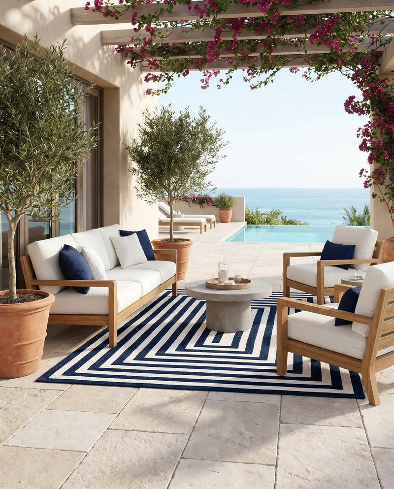 Sustainable Strands Indoor-Outdoor Oasis Collection Area Rug - Harborview Rectangle Navy Blue and White  lifestyle 27