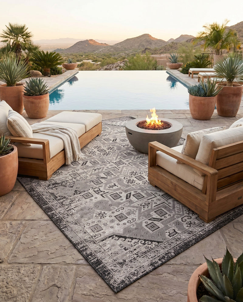 Tribal Terrace Treasures Collection Area Rug - Mayan Marina (Charcoal Gray) Rectangle Charcoal Gray  lifestyle 36