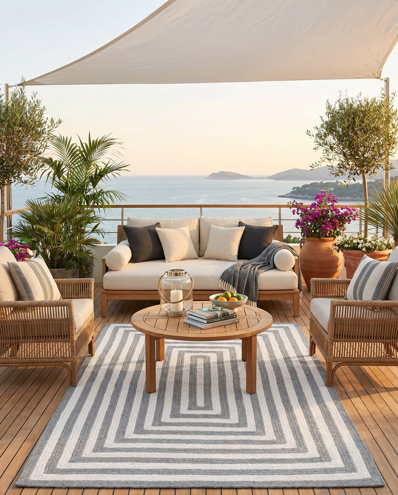 Sustainable Strands Indoor-Outdoor Oasis Collection Area Rug - Harborview Rectangle Gray and White  lifestyle 37