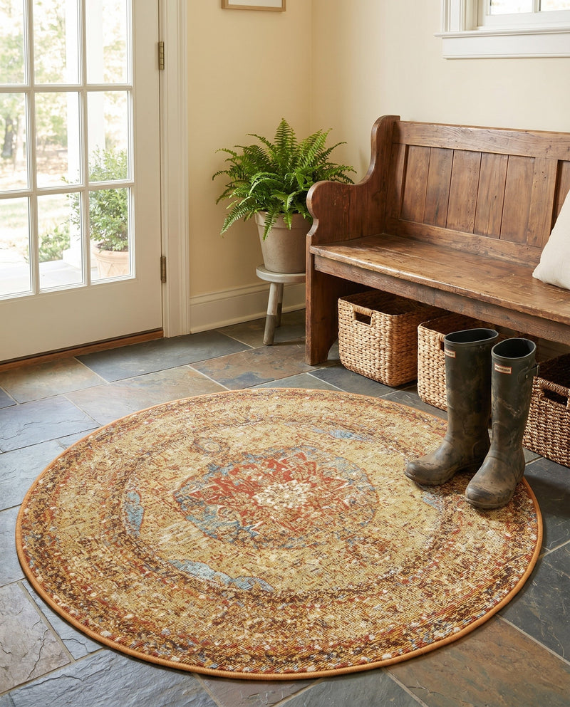 Patio Heritage Collection Area Rug -  Pergola Round Blue and Light Brown  lifestyle 74