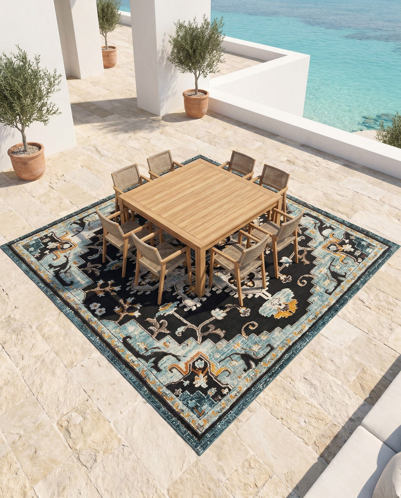 Outdoor Marrakesh Collection Area Rug -  Essaouira Square Navy Blue  lifestyle 60