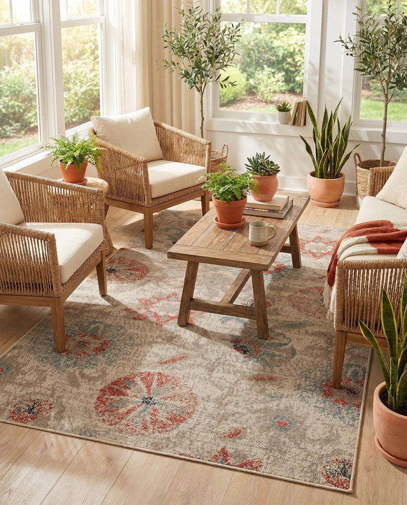 Seaside Blooms Collection Area Rug - Seychelles Rectangle Beige  lifestyle 45