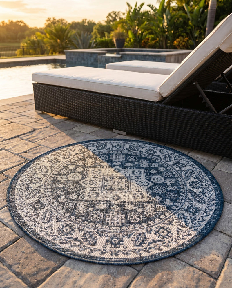 Tribal Terrace Treasures Collection Area Rug -  Incan Isle (Blue) Round Blue  lifestyle 32