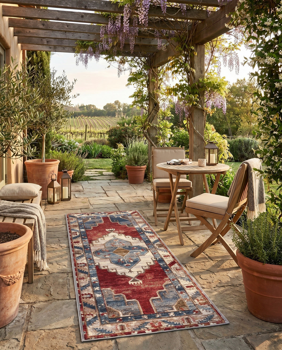 Patio Heritage Collection Area Rug -  Alcove Runner Red and Navy Blue  lifestyle 93