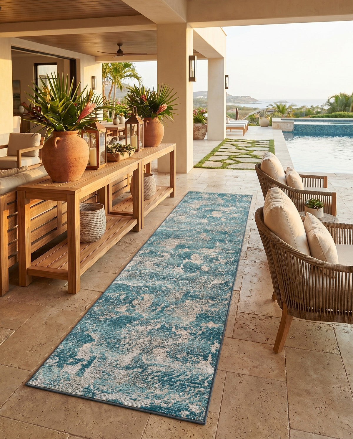 Urban Terrace Collection Area Rug -  Gazebo Runner Aqua Blue  lifestyle 93