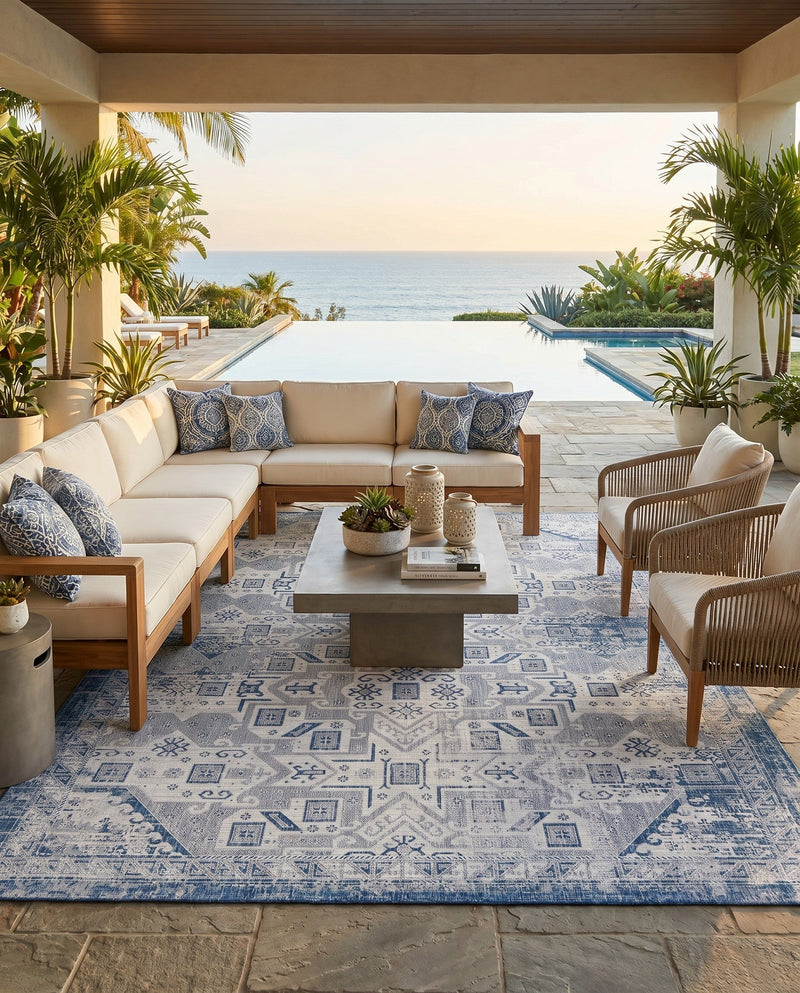 Tribal Terrace Treasures Collection Area Rug - Mayan Marina (Blue) Rectangle Blue  lifestyle 6
