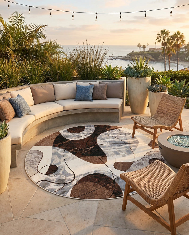 Urban Terrace Collection Area Rug -  Garden Round Brown and White  lifestyle 48