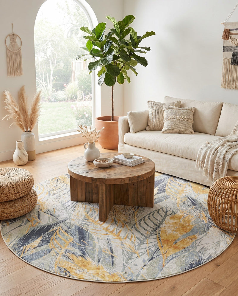 Seaside Blooms Collection Area Rug -  Blossom Round Gray Ivory Yellow  lifestyle 58