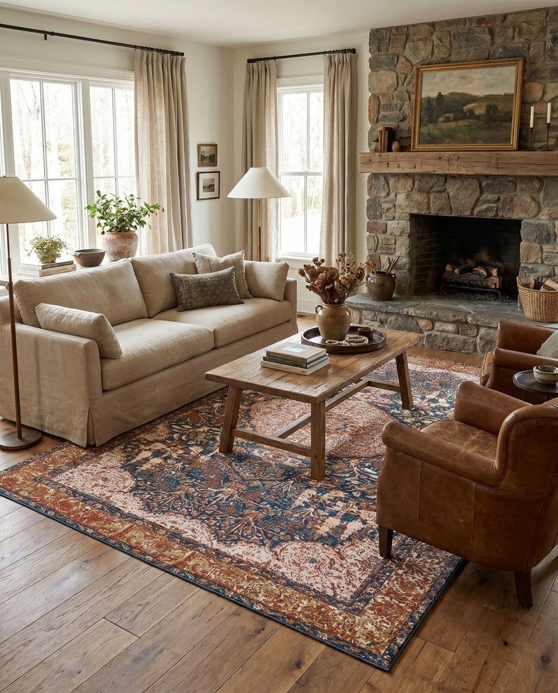 Patio Heritage Collection Area Rug -  Courtyard Rectangle Navy Blue and Light Pink  lifestyle 25