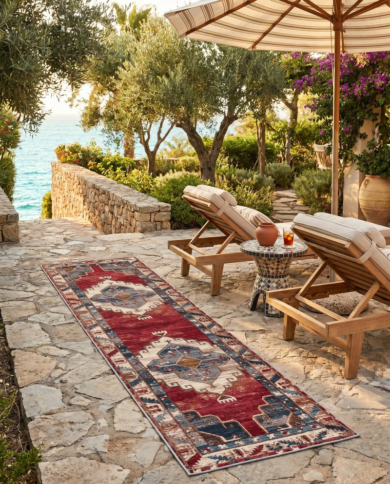 Patio Heritage Collection Area Rug -  Alcove Runner Red and Navy Blue  lifestyle 73