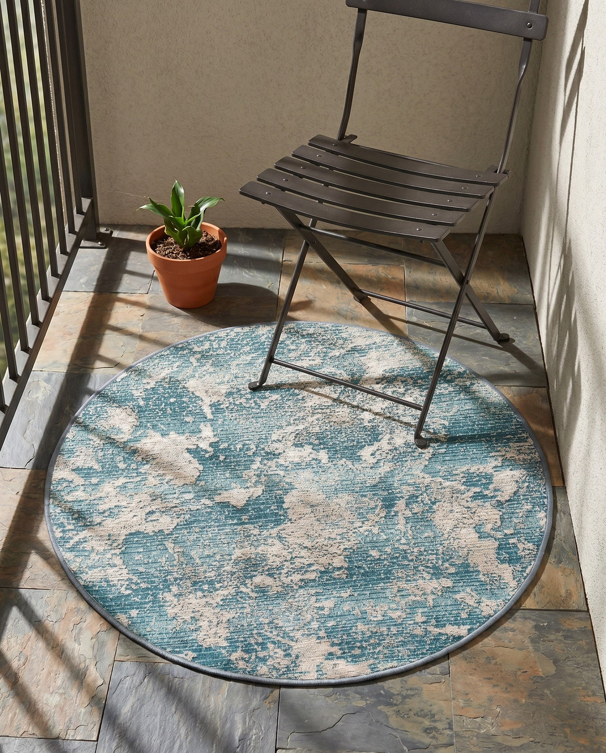Urban Terrace Collection Area Rug -  Gazebo Round Aqua Blue  lifestyle 99