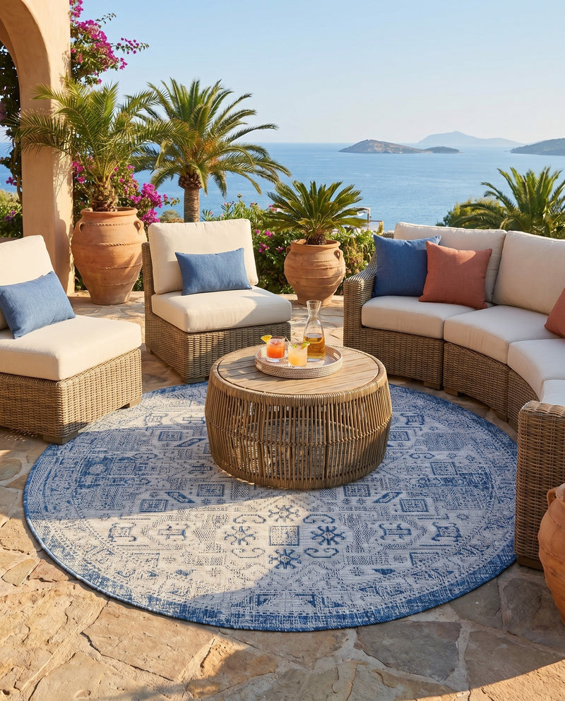 Tribal Terrace Treasures Collection Area Rug - Mayan Marina (Blue) Round Blue  lifestyle 81