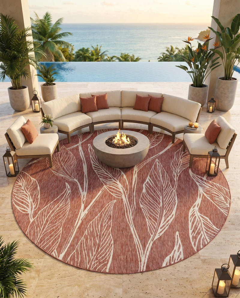 Seaside Blooms Collection Area Rug -  Evergreen (Rust Red) Round Rust Red  lifestyle 30