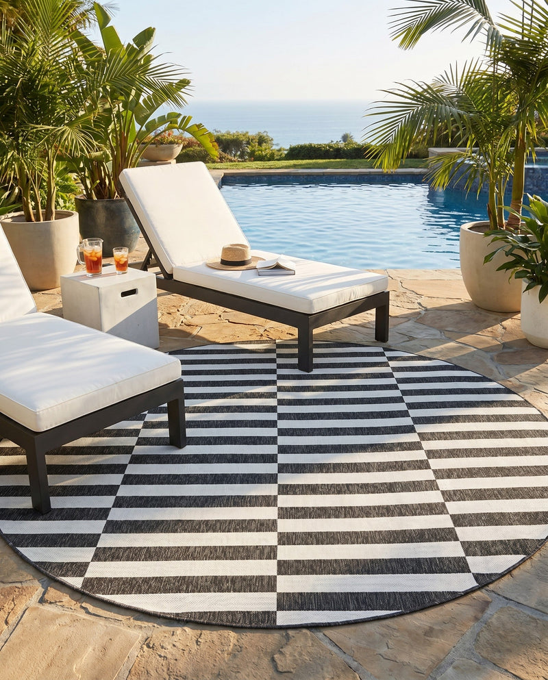 Seaside Stripes Collection Area Rug - Cabana (Charcoal) Round Charcoal  lifestyle 30