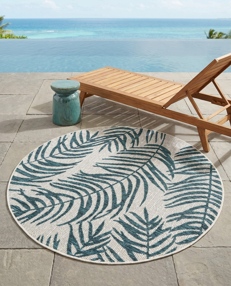 Seaside Blooms Collection Area Rug - Verdure (Teal Ivory) Round Teal Ivory  lifestyle 30
