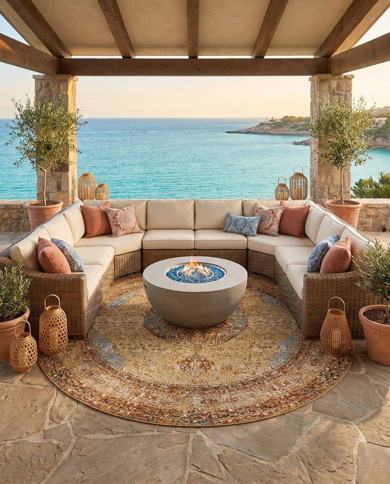 Patio Heritage Collection Area Rug -  Pergola Round Blue and Light Brown  lifestyle 64