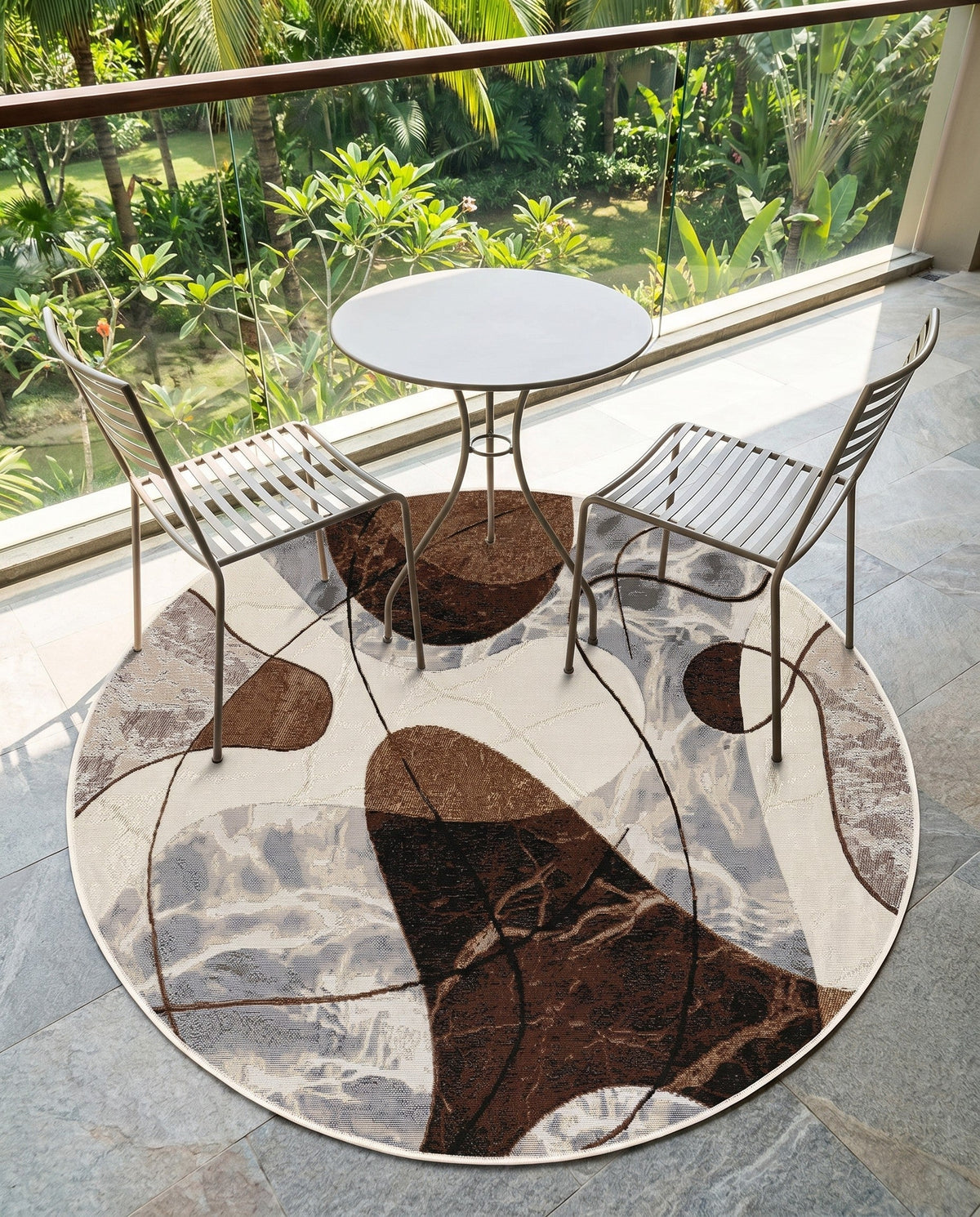 Urban Terrace Collection Area Rug -  Garden Round Brown and White  lifestyle 65