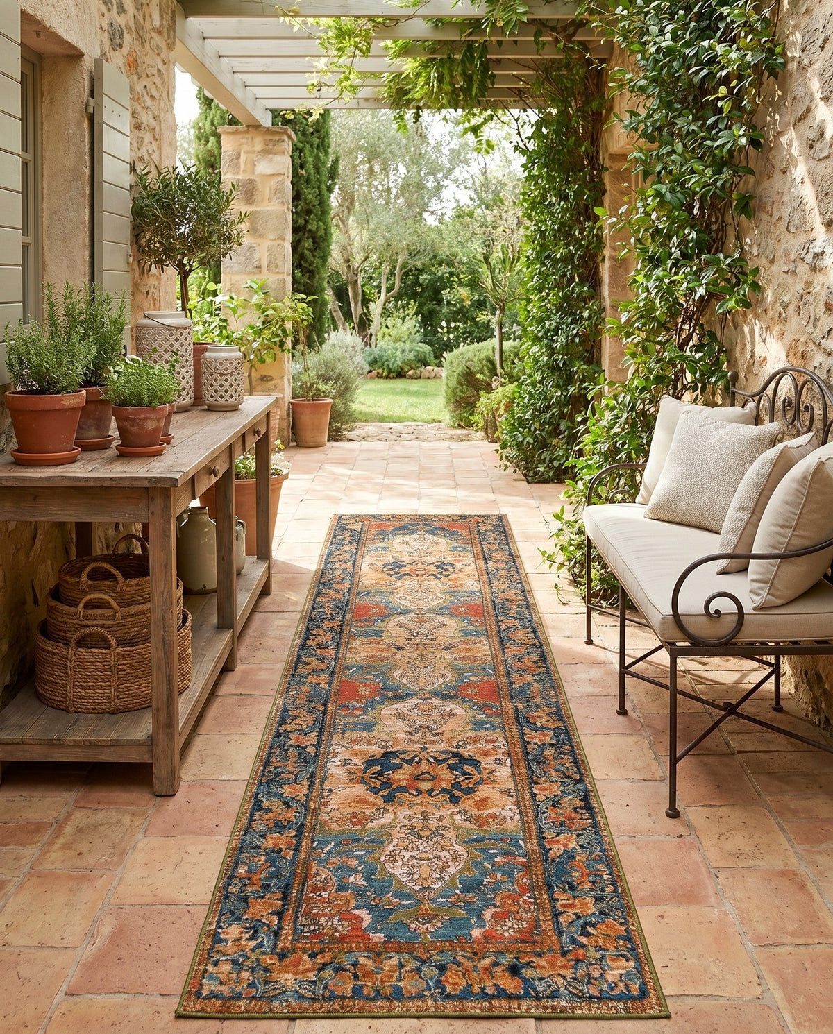 Patio Heritage Collection Area Rug -  Grove Runner Navy Blue and Rust Red  lifestyle 98