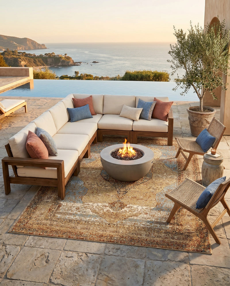 Patio Heritage Collection Area Rug -  Pergola Rectangle Blue and Light Brown  lifestyle 35