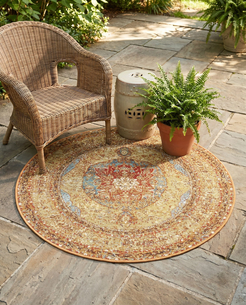 Patio Heritage Collection Area Rug -  Pergola Round Blue and Light Brown  lifestyle 75