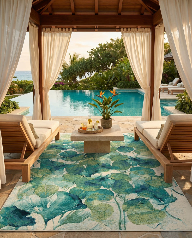 Seaside Blooms Collection Area Rug -  Flora Rectangle Blue Green  lifestyle 20