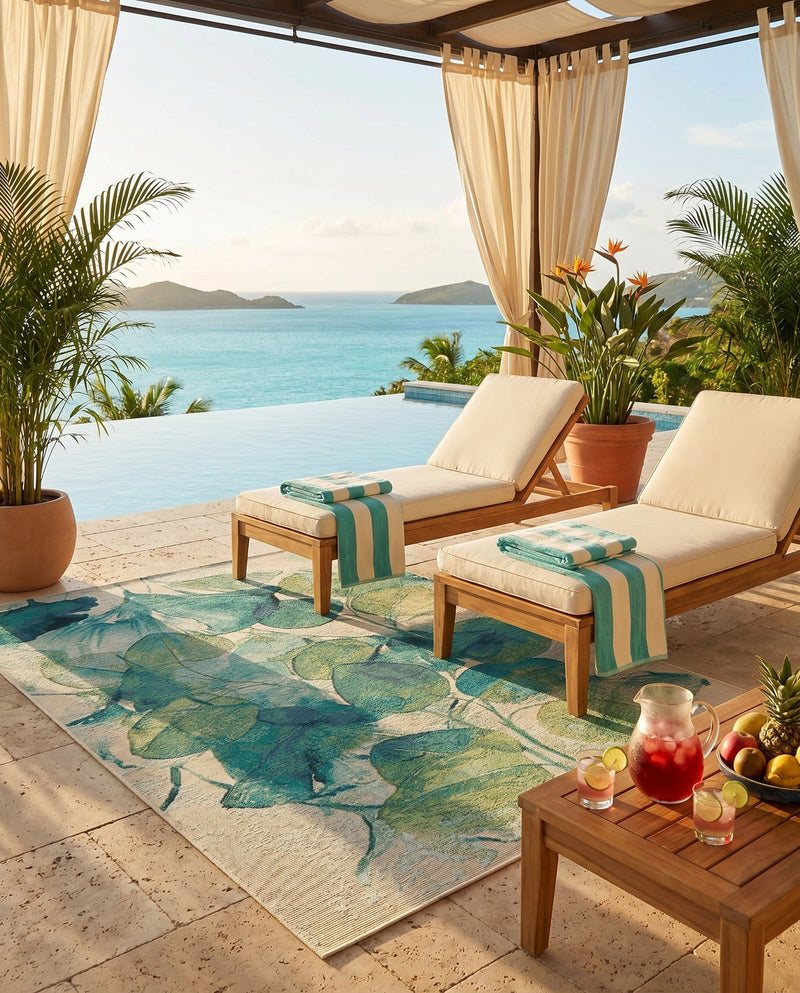 Seaside Blooms Collection Area Rug -  Flora Rectangle Blue Green  lifestyle 30